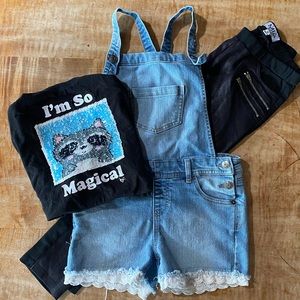 Girls size medium 3 piece back to school- overall shorts, Moto leggings, T-shirt